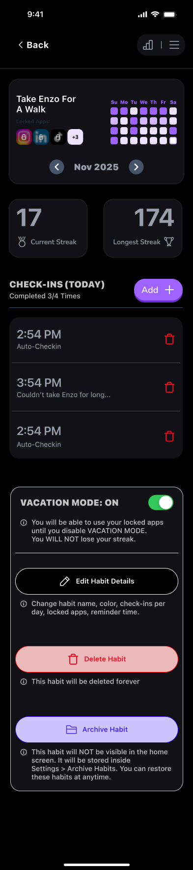 Habit detail with streaks, check-ins, and vacation mode